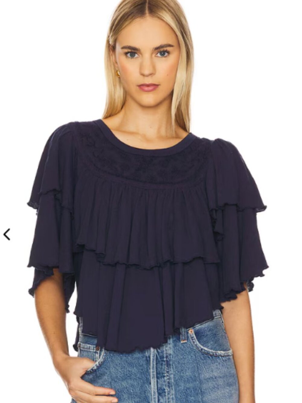 Free People Rose Party Tee Peacoat Blue Embroidered Tiered Cotton Top Large